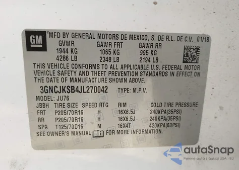 2018 Chevrolet Trax Ls z USA, uszkodzony, nr VIN 3GNCJKSB4JL270042